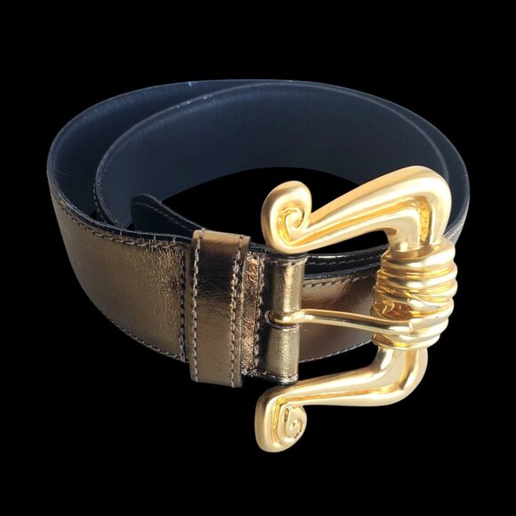 Vintage 80s Belt Womens Medium 34 Metallic Leather Brass Buckle Avignon Spain - Picture 11 of 11